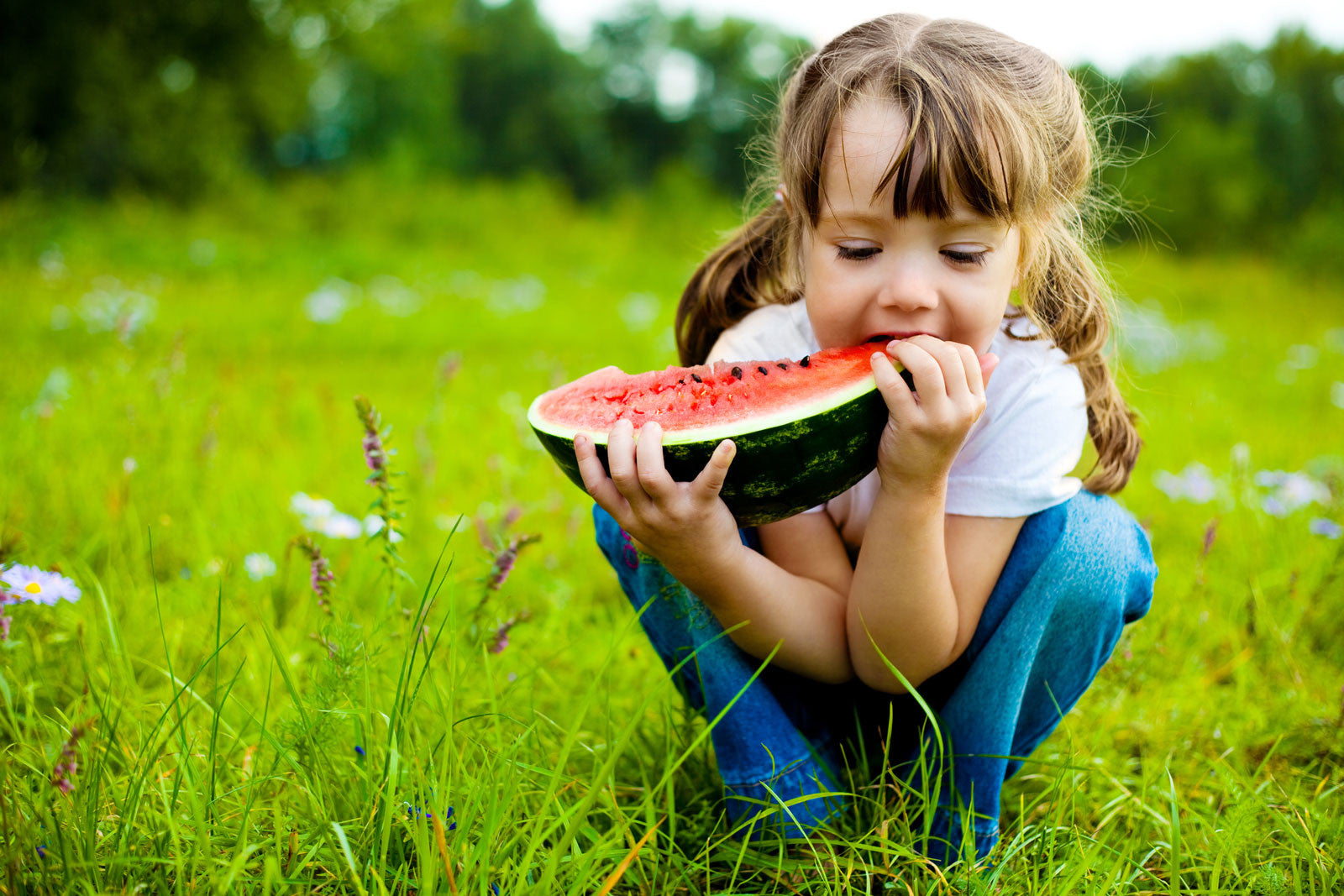 Little girl eating watermelon outside