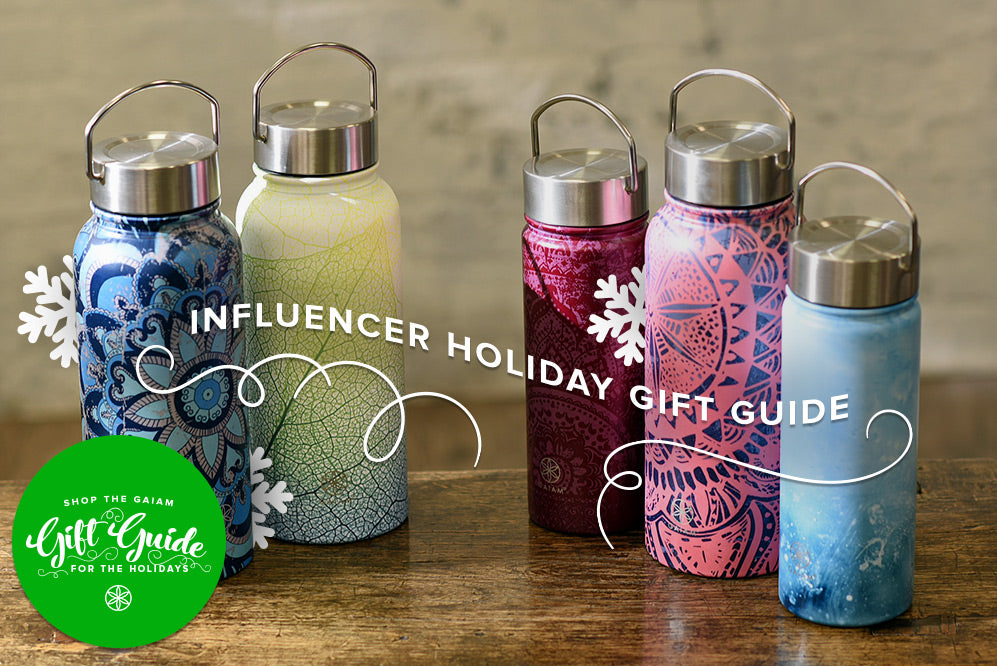 Gaiam Stainless Steel water bottles being displayed with text overlaying promoting an Influencer Holiday Gift Guide