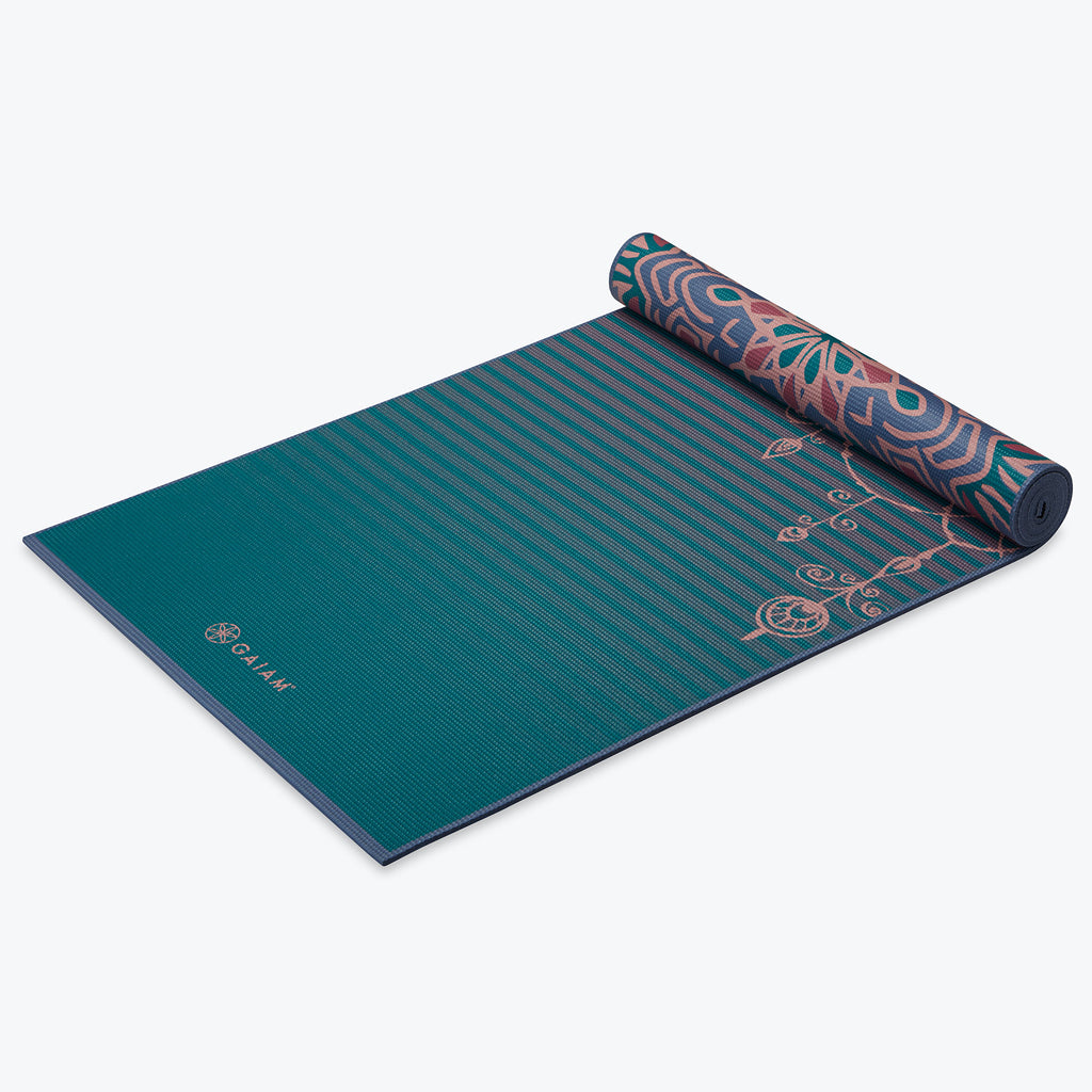 Premium Reversible Jade Salutation Yoga Mat rolled up blue side