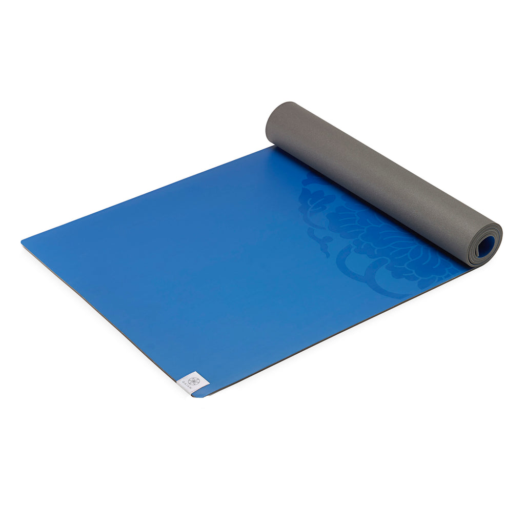 Performance Dry-Grip Yoga Mat (5mm) Blue top rolled angle