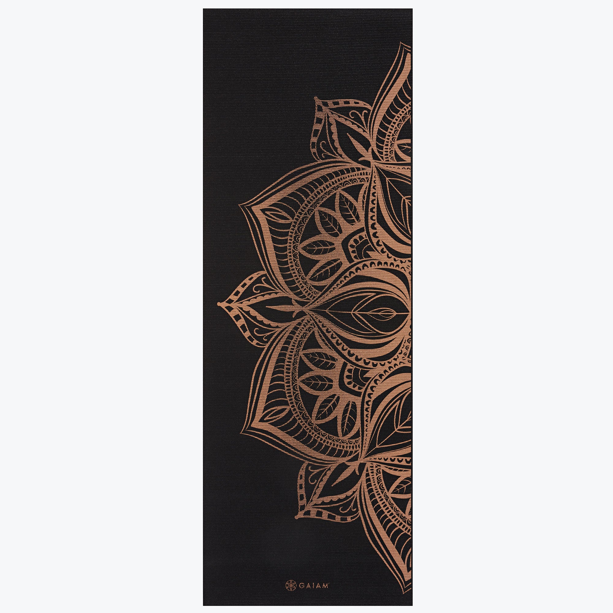Marbled Bronze Medallion Yoga Mat reverse mandala side rolled out