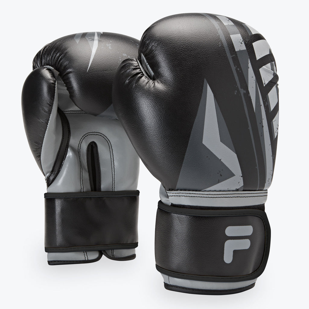 grey and black boxing gloves angled view