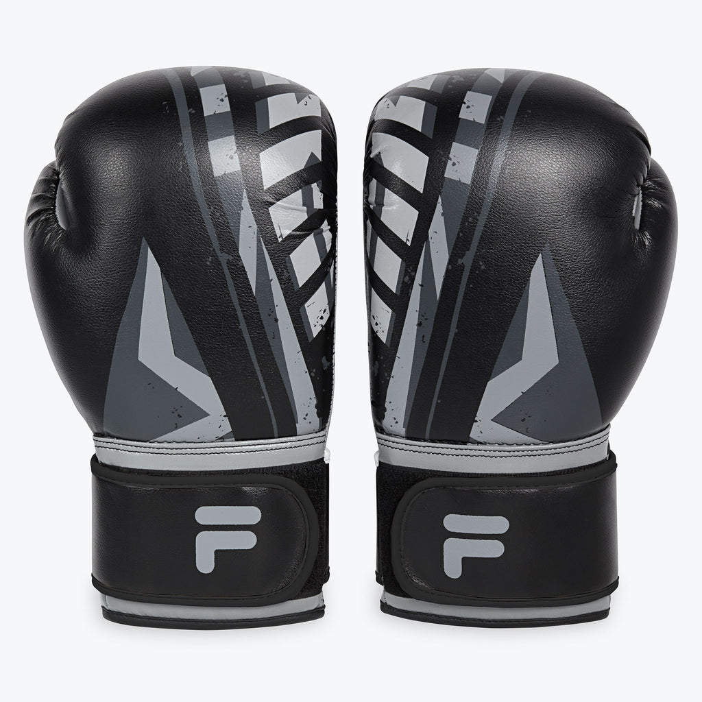 grey and black boxing gloves back view