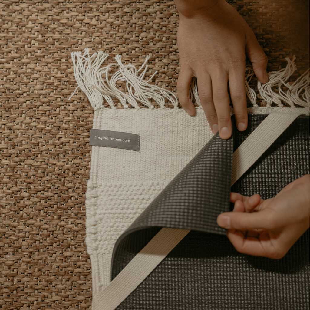 Yoga mat in Cotton Practice Rug corner. 