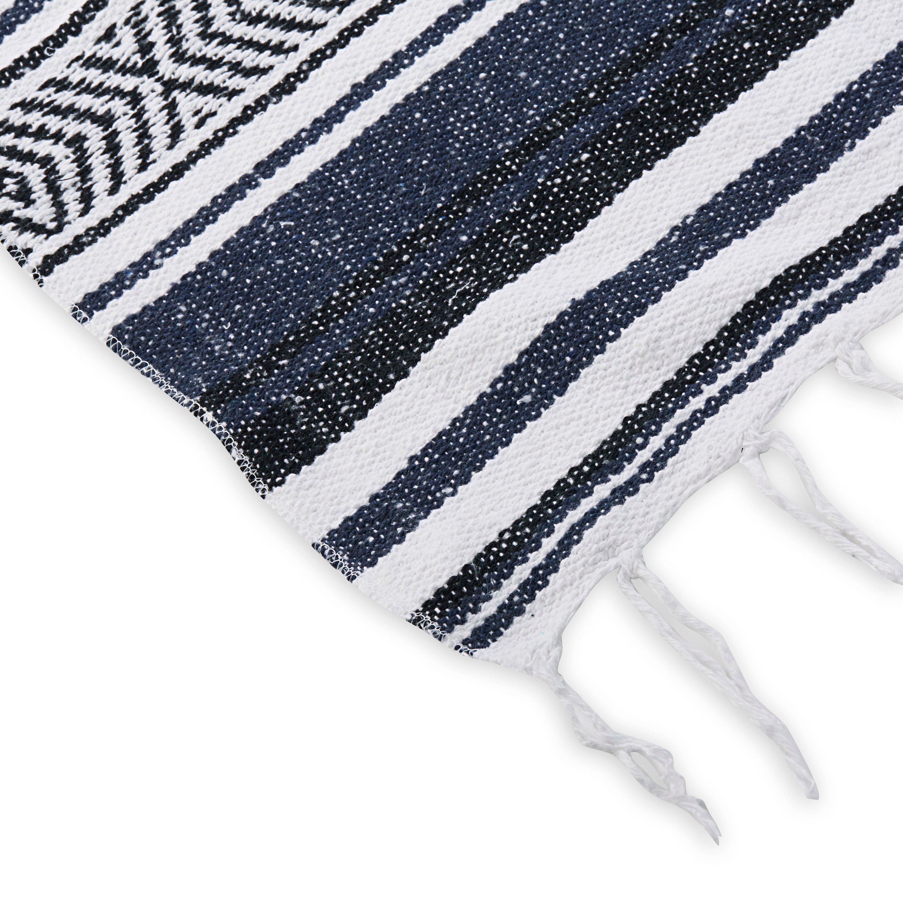 Traditional Mexican Woven Blanket Navy/Black tassel closeup