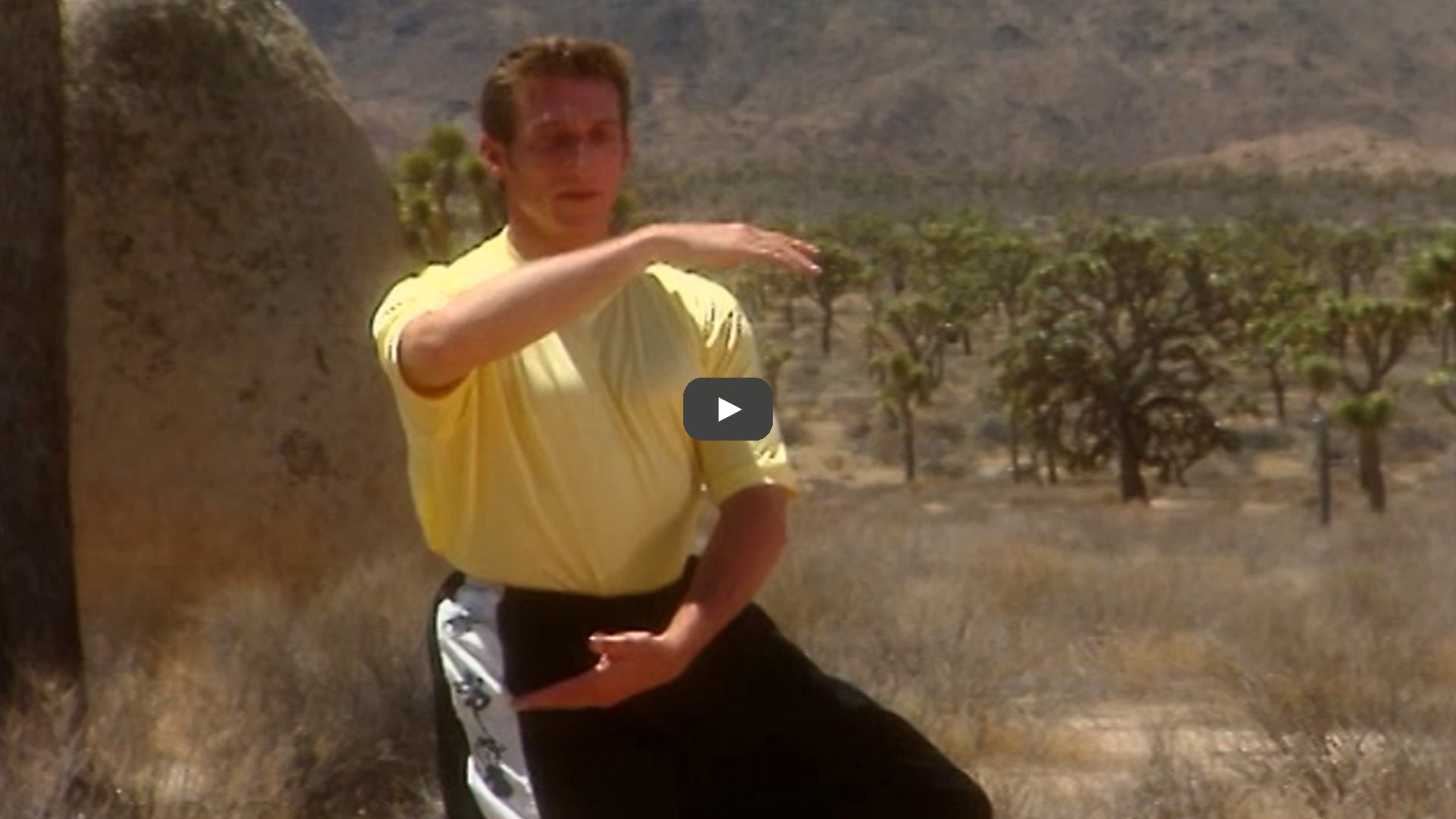 Man in yellow shirt does tai chi in the desert