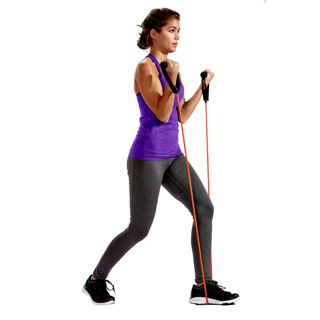 Hannah Ann doing lunges with the resistance cord