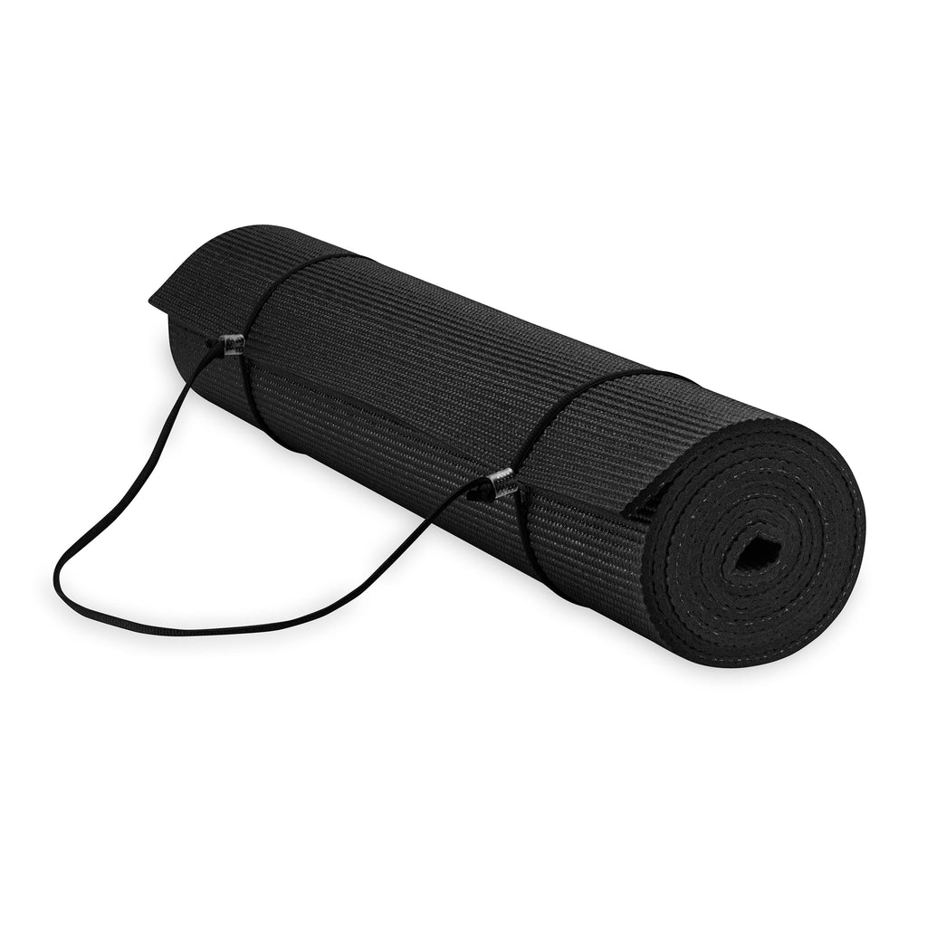 Gaiam Essentials Yoga Mat Black rolled with sling