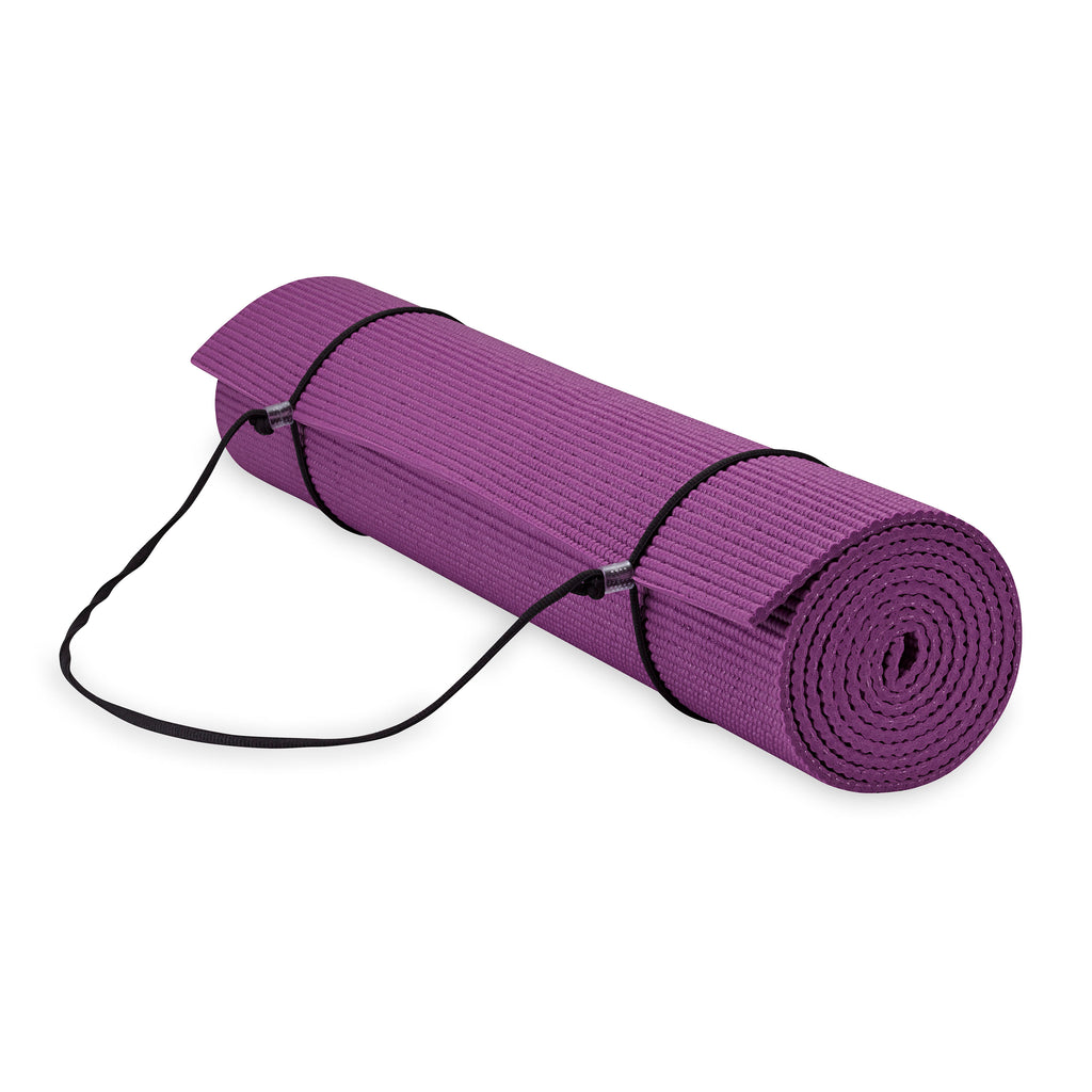 Gaiam Essentials Yoga Mat Purple rolled with sling