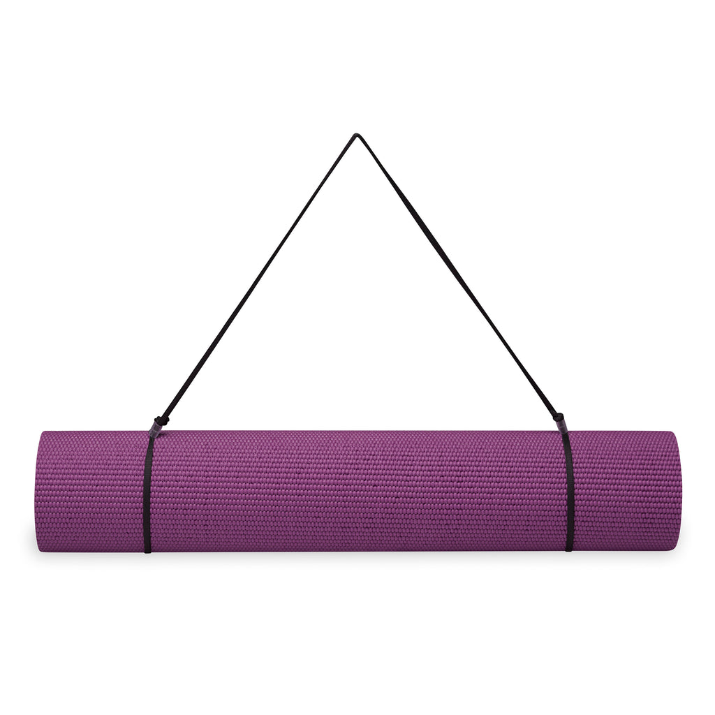 Gaiam Essentials Yoga Mat Purple rolled with sling