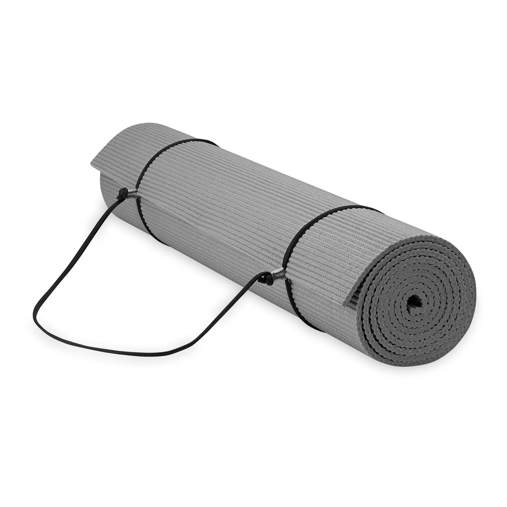 Gaiam Essentials Yoga Mat Grey rolled with sling