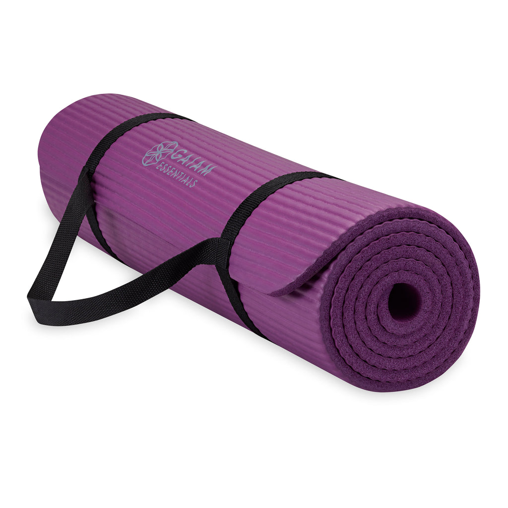Gaiam Essentials Fitness Mat & Sling (10mm) Purple rolled with sling angle