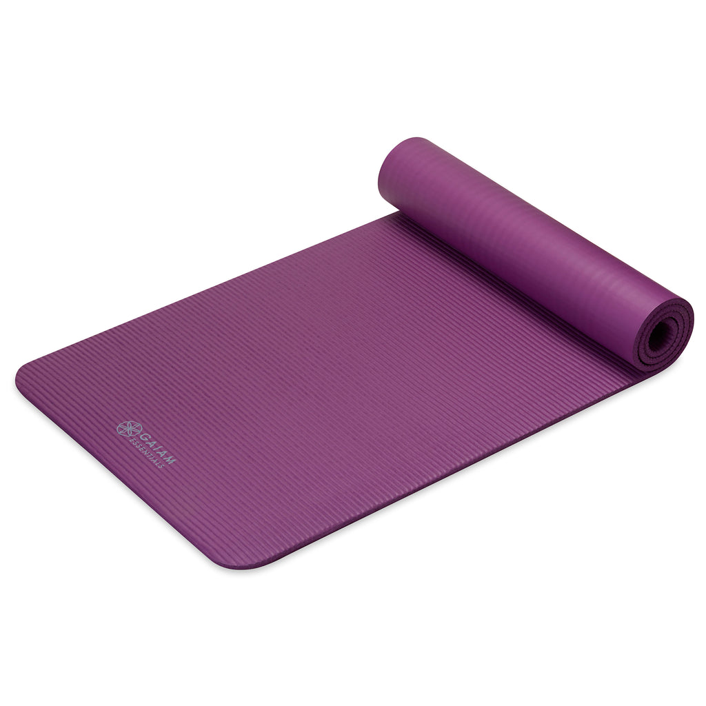 Gaiam Essentials Fitness Mat & Sling (10mm) Purple top rolled angle