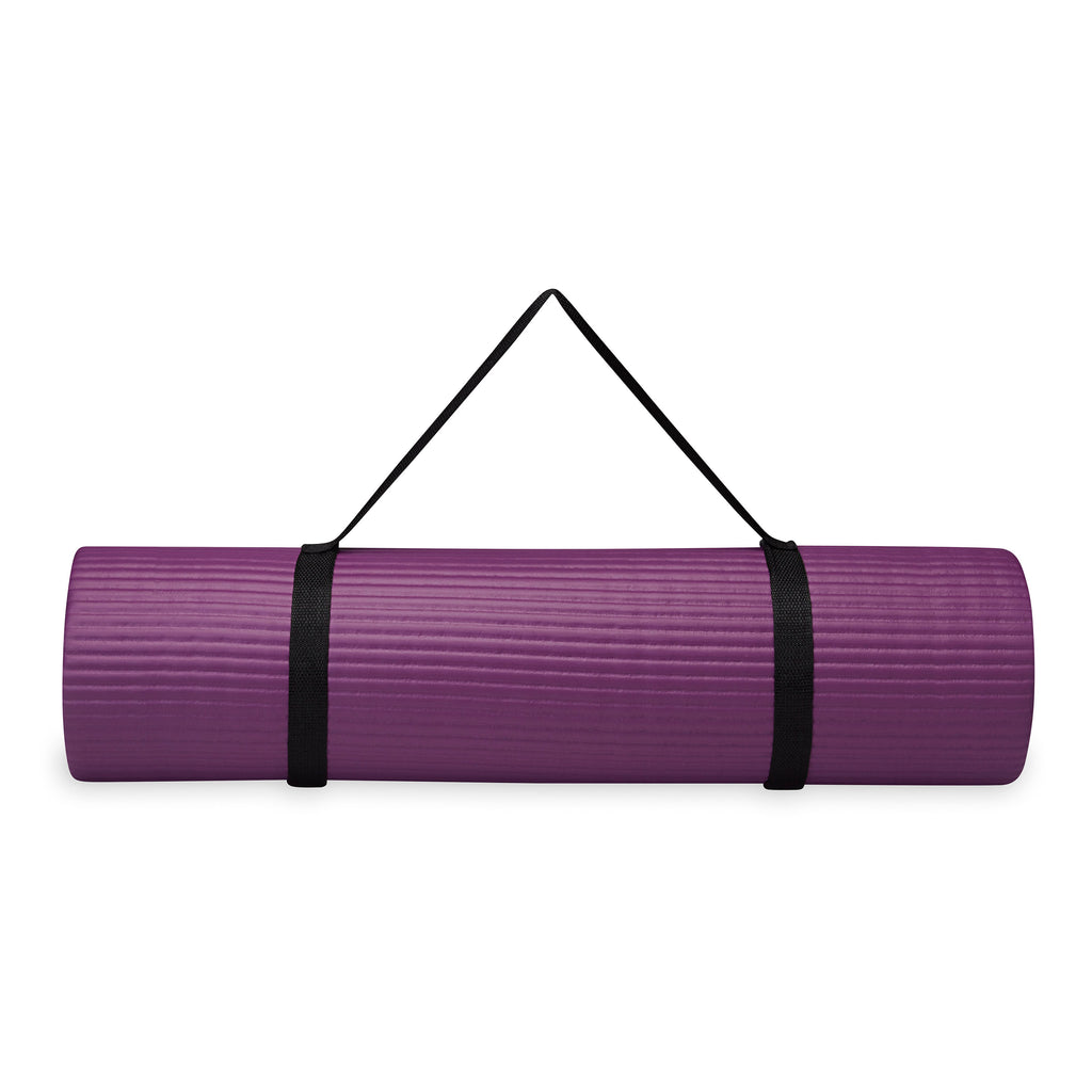 Gaiam Essentials Fitness Mat & Sling (10mm) Purple rolled with sling
