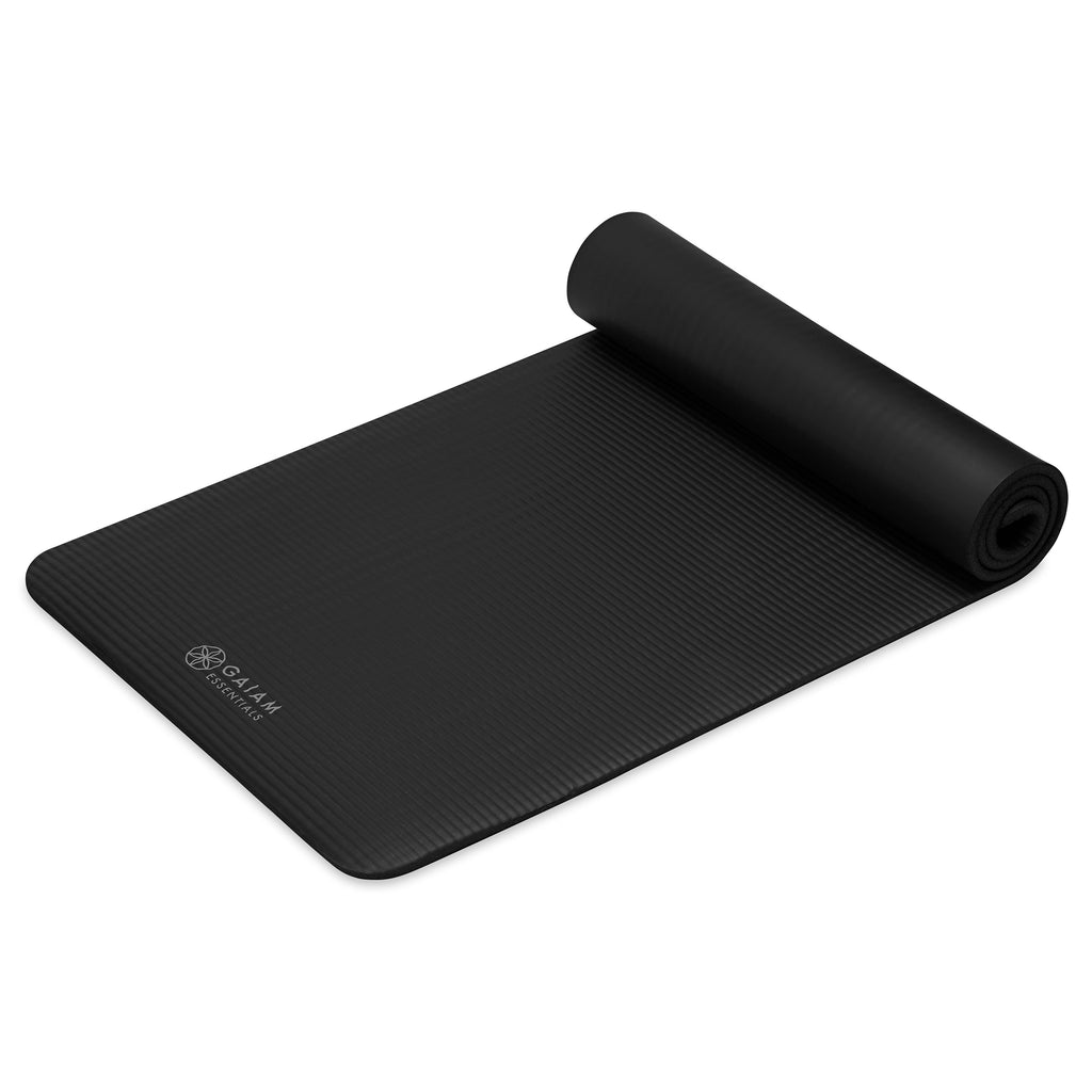 Gaiam Essentials Fitness Mat & Sling (10mm) Black top rolled angle