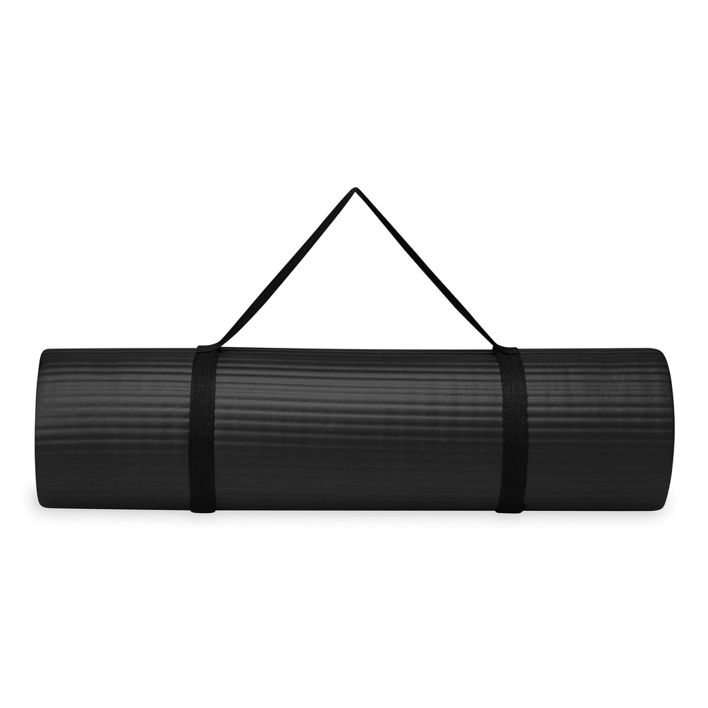 Gaiam Essentials Fitness Mat & Sling (10mm) Black rolled with sling