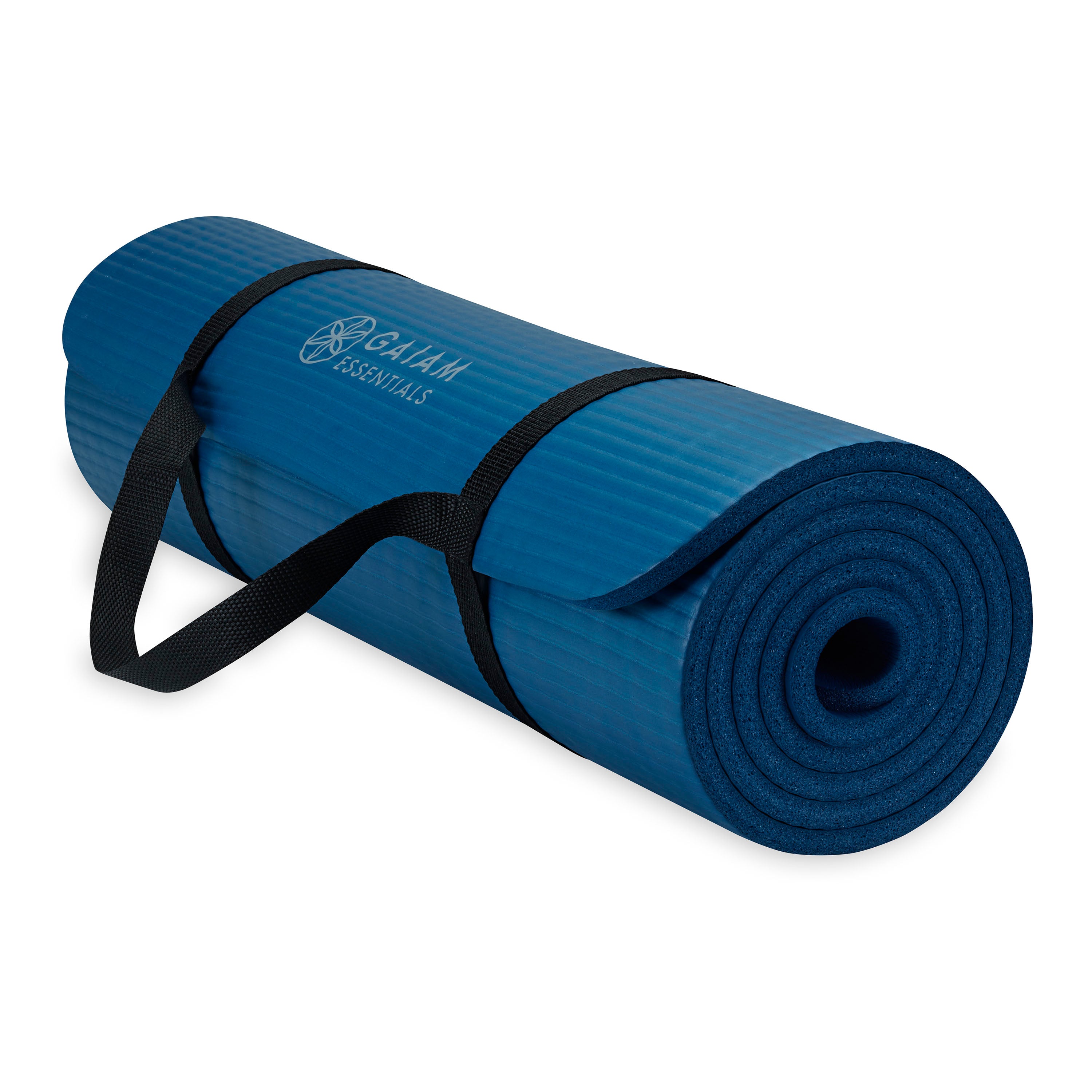 Gaiam Essentials Fitness Mat & Sling (10mm) Navy rolled with sling angle