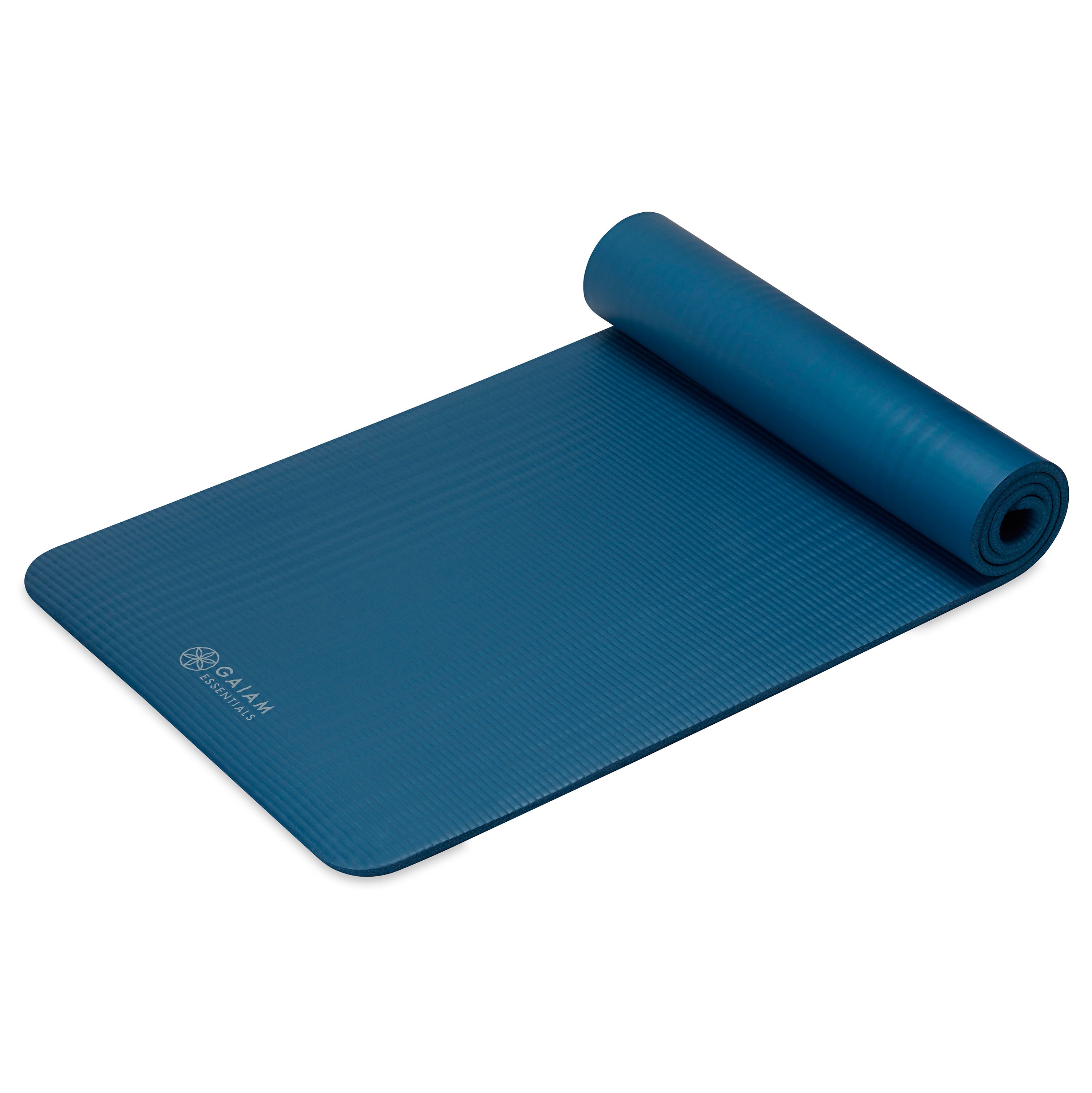Gaiam Essentials Fitness Mat & Sling (10mm) Navy top rolled angle