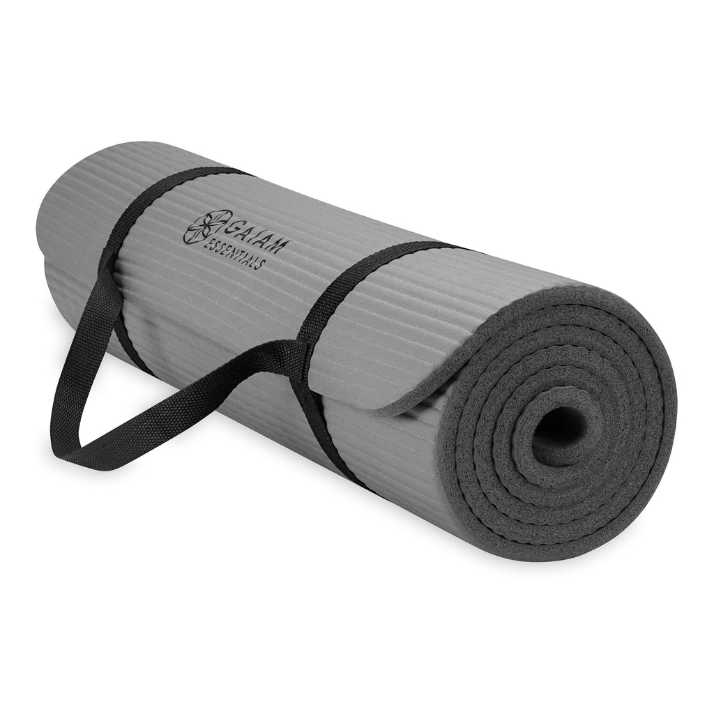 Gaiam Essentials Fitness Mat & Sling (10mm) Grey rolled with sling angle