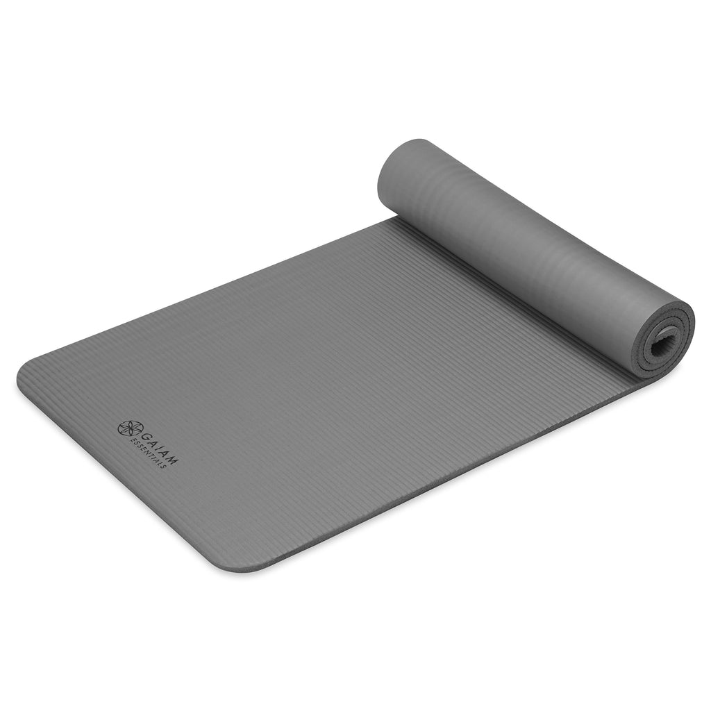 Gaiam Essentials Fitness Mat & Sling (10mm) Grey top rolled angle