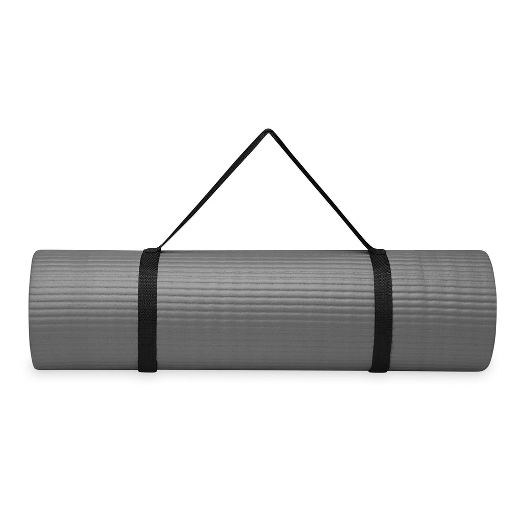 Gaiam Essentials Fitness Mat & Sling (10mm) Grey rolled with sling