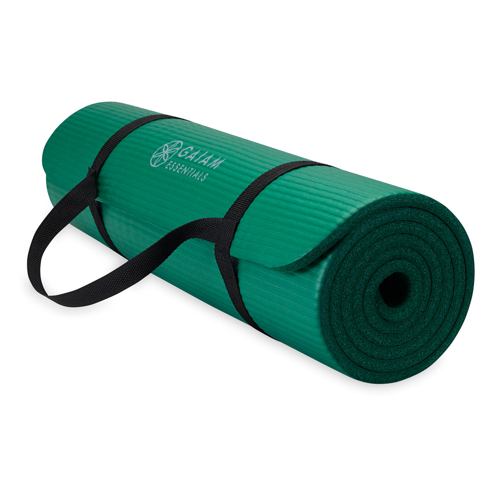 Gaiam Essentials Fitness Mat & Sling (10mm) Green rolled with sling angle