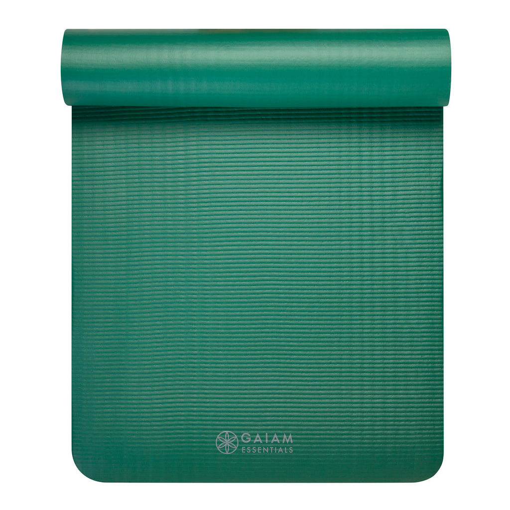 Gaiam Essentials Fitness Mat & Sling (10mm) Green top rolled