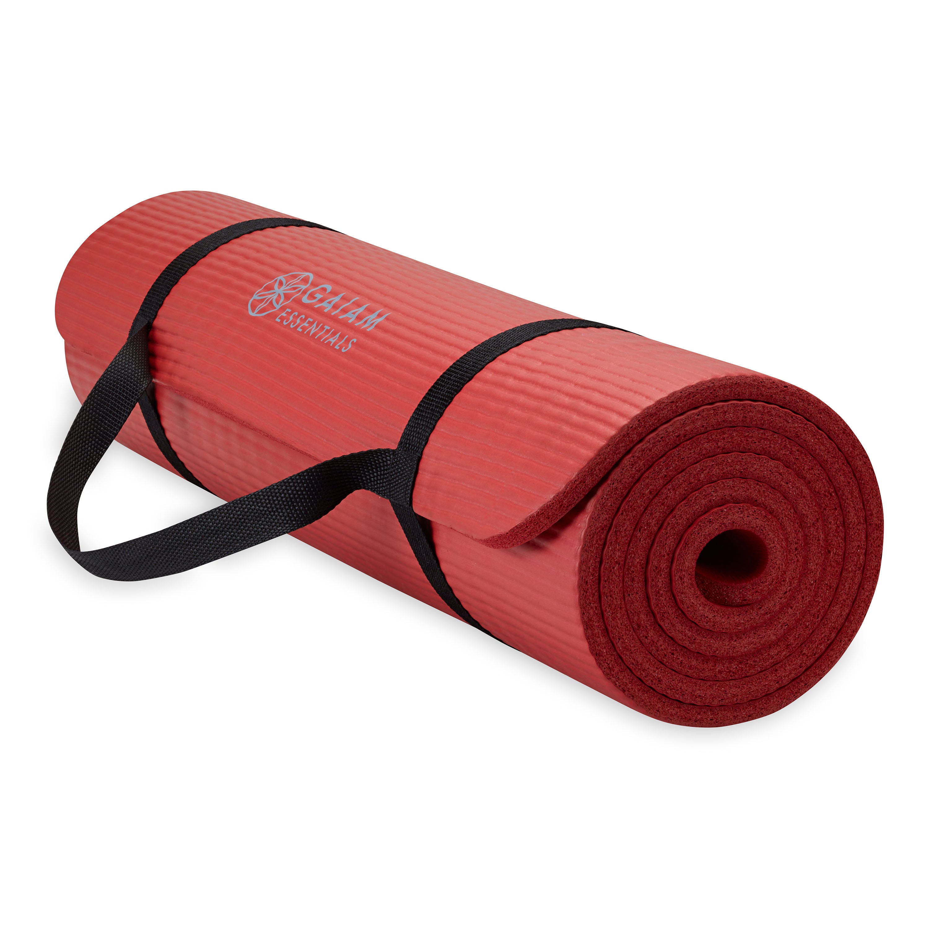 Gaiam Essentials Fitness Mat & Sling (10mm) Red rolled with sling angle
