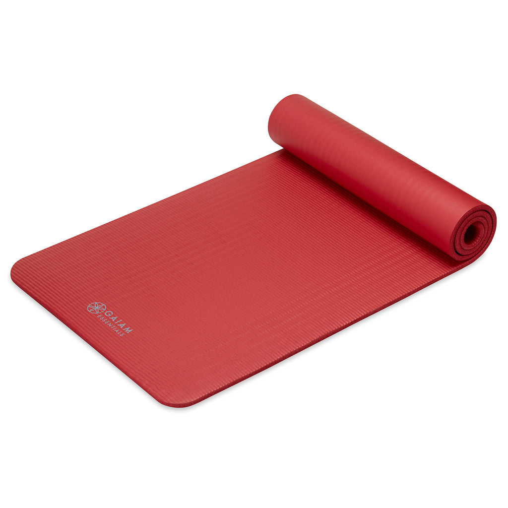 Gaiam Essentials Fitness Mat & Sling (10mm) Red top rolled angle