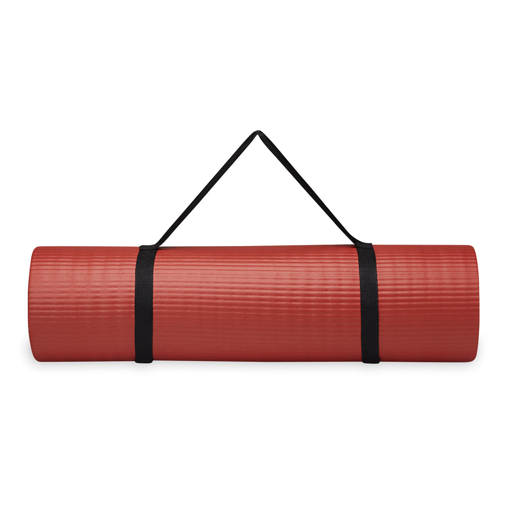 Gaiam Essentials Fitness Mat & Sling (10mm) Red rolled with sling