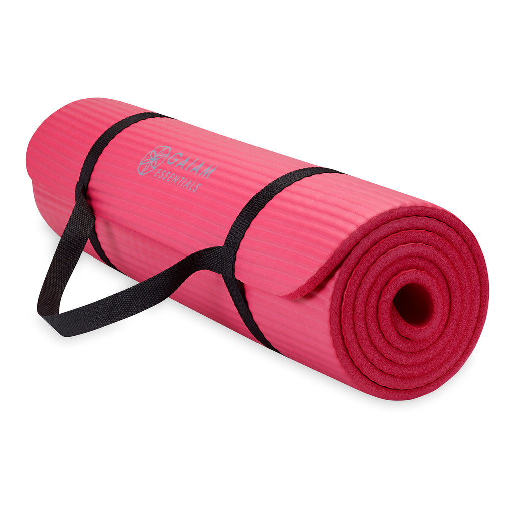 Gaiam Essentials Fitness Mat & Sling (10mm) Pink rolled with sling angle
