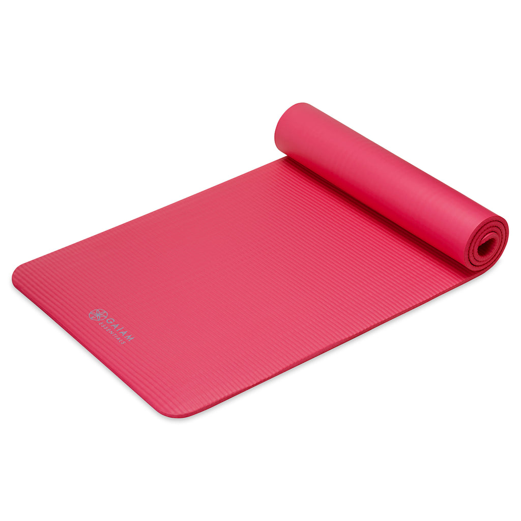 Gaiam Essentials Fitness Mat & Sling (10mm) Pink top rolled angle