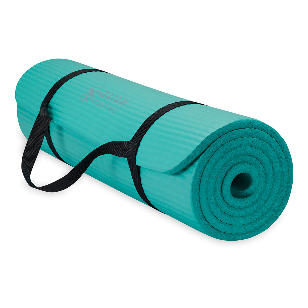 Gaiam Essentials Fitness Mat & Sling (10mm) Teal rolled with sling angle