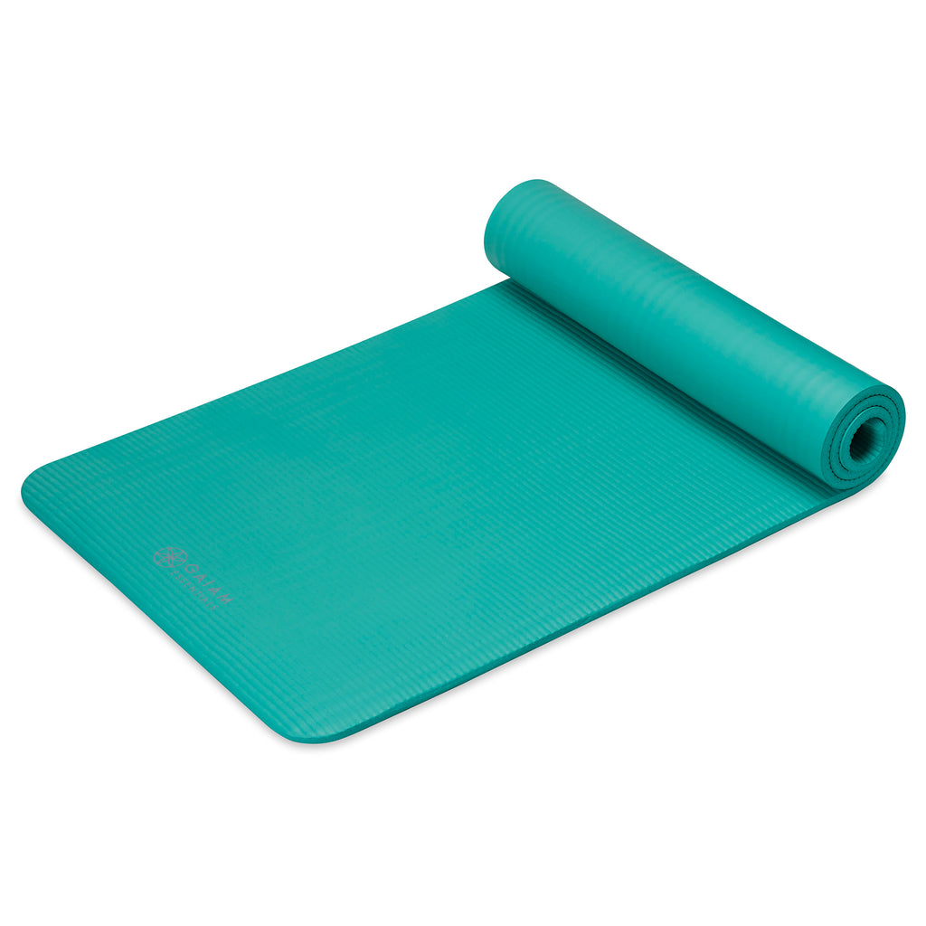 Gaiam Essentials Fitness Mat & Sling (10mm) Teal top rolled angle