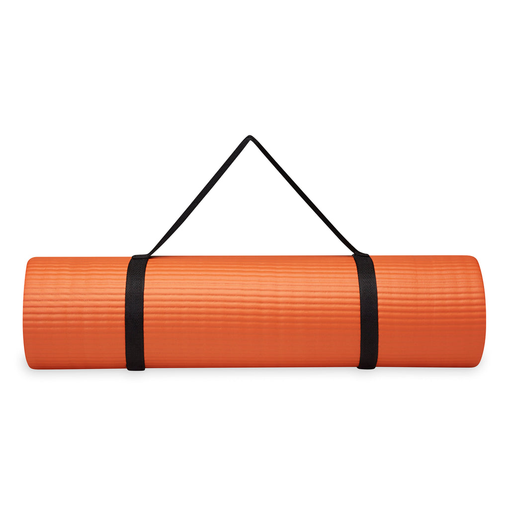 Gaiam Essentials Fitness Mat & Sling (10mm) Orange rolled with sling