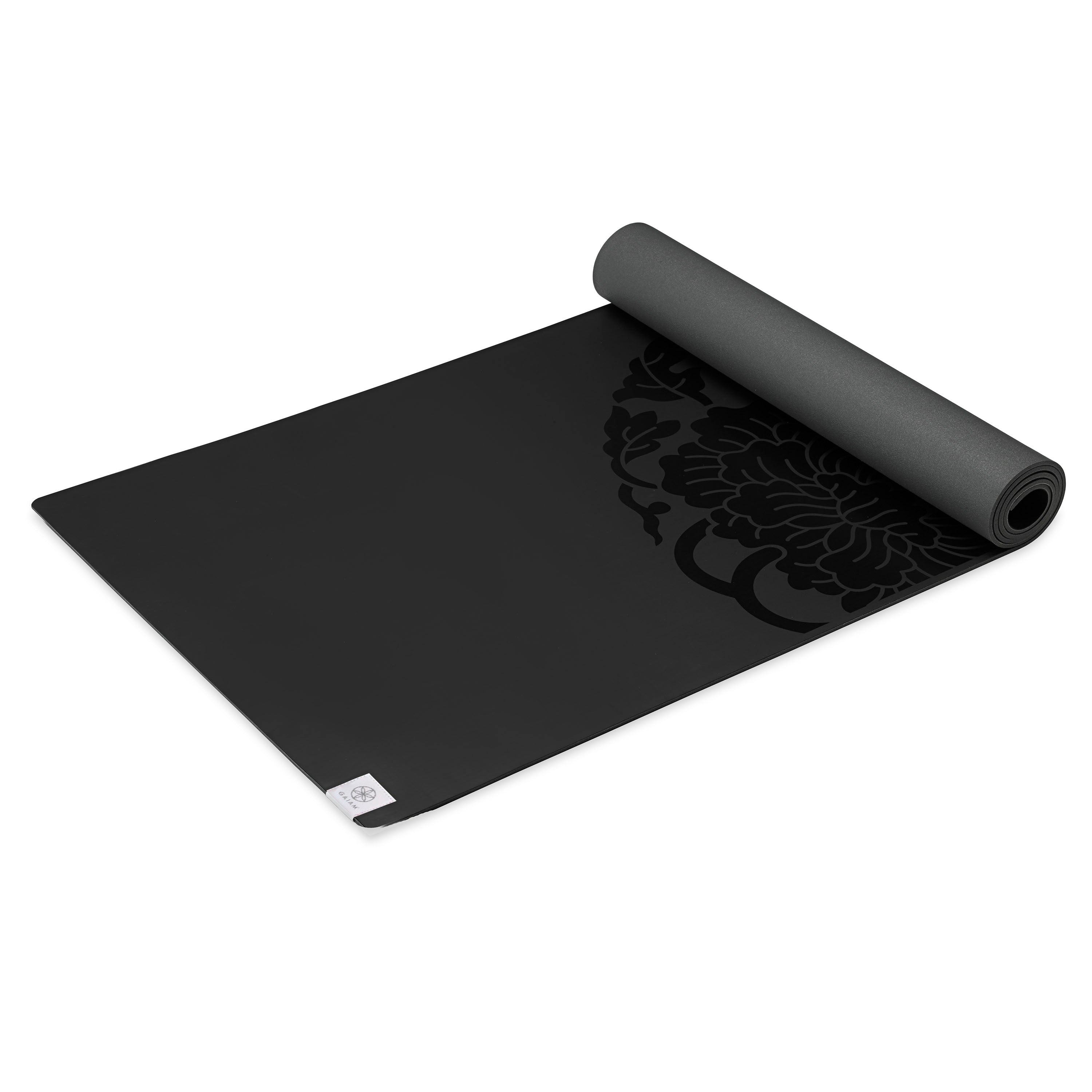 Performance Dry-Grip Yoga Mat (5mm) Black top rolled angle