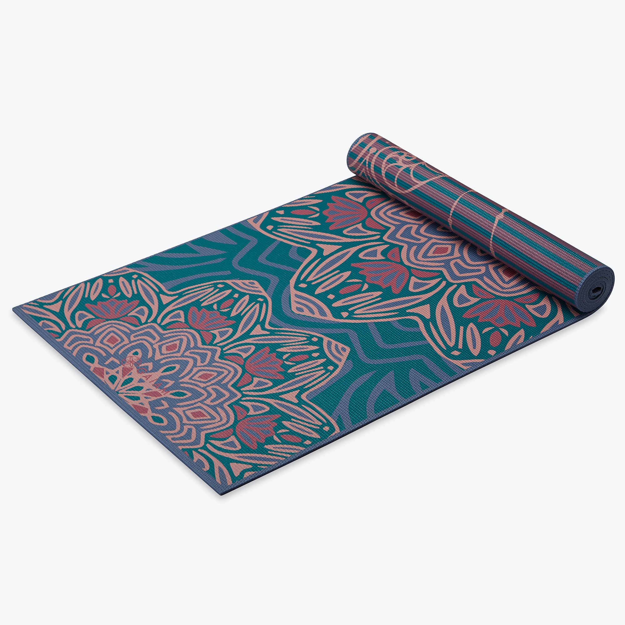 Premium Reversible Jade Salutation Yoga Mat rolled up