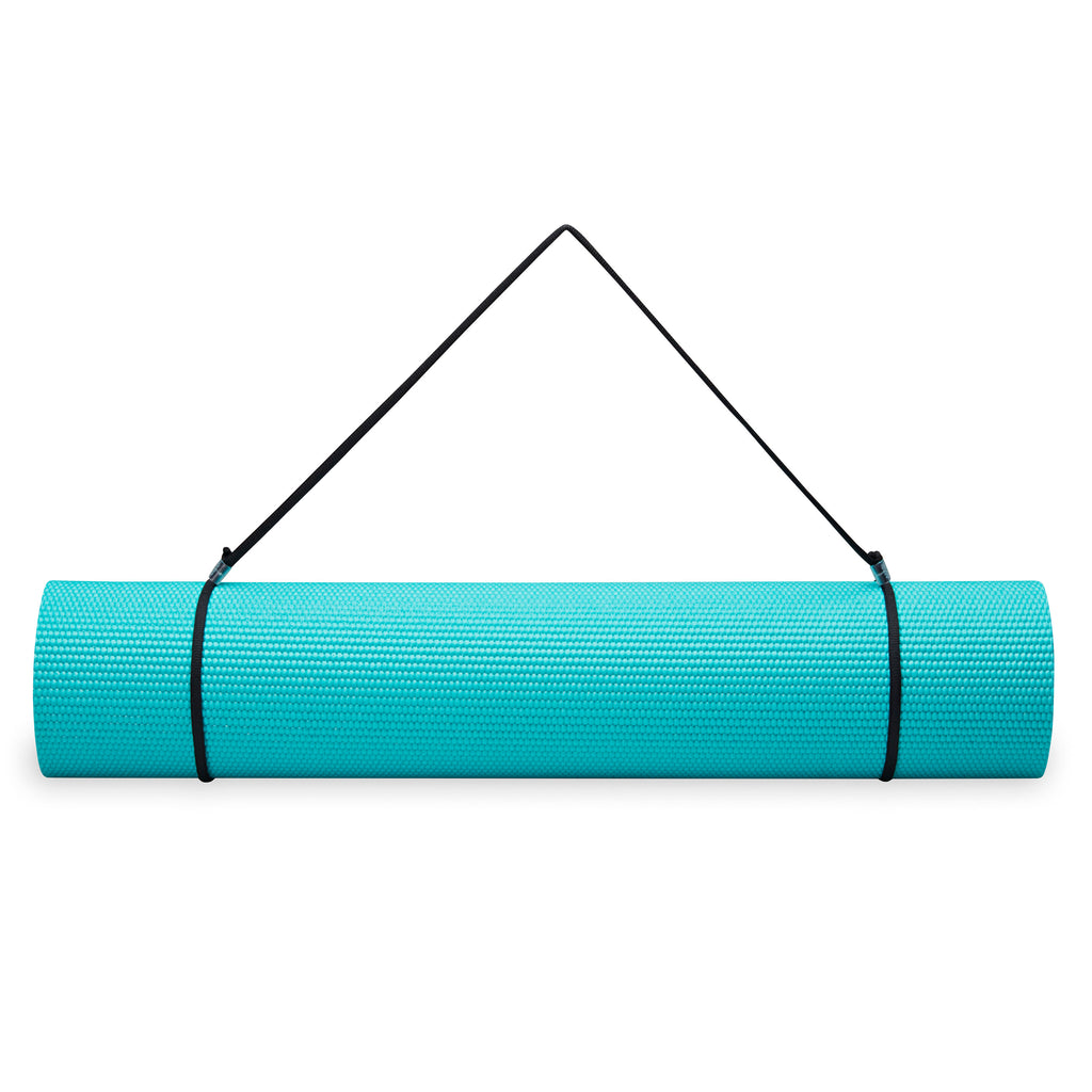 Gaiam Essentials Yoga Mat Teal rolled with sling