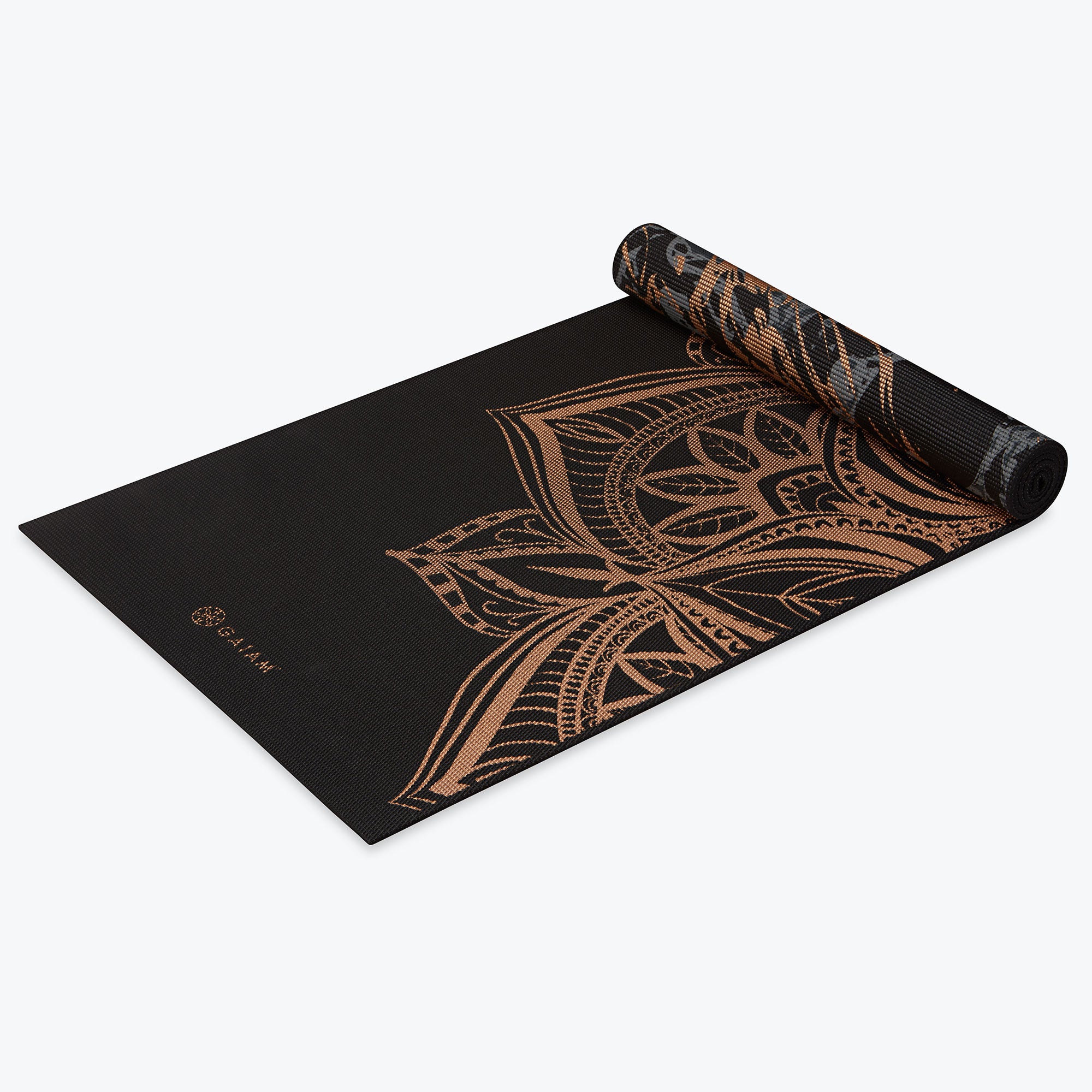 Marbled Bronze Medallion Yoga Mat reverse mandala side rolled up
