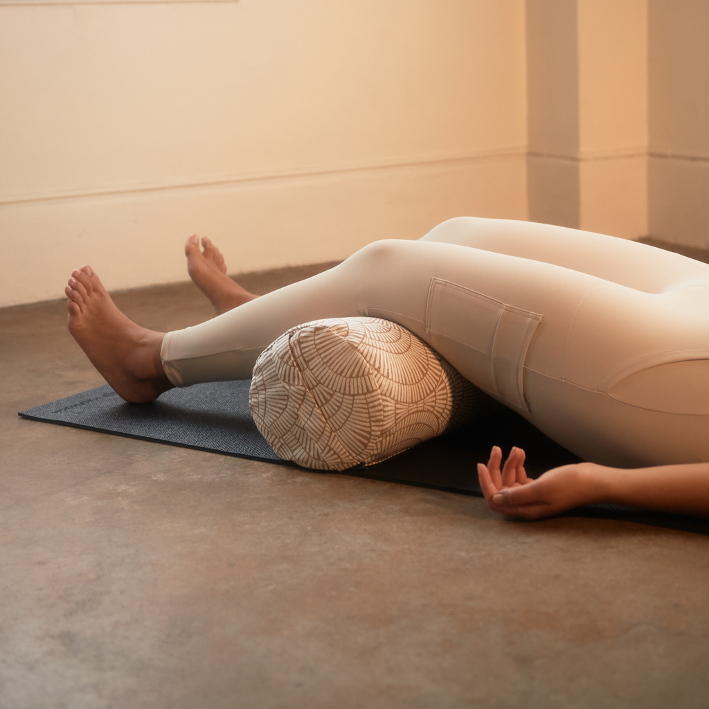 Person with knees on top of bolster