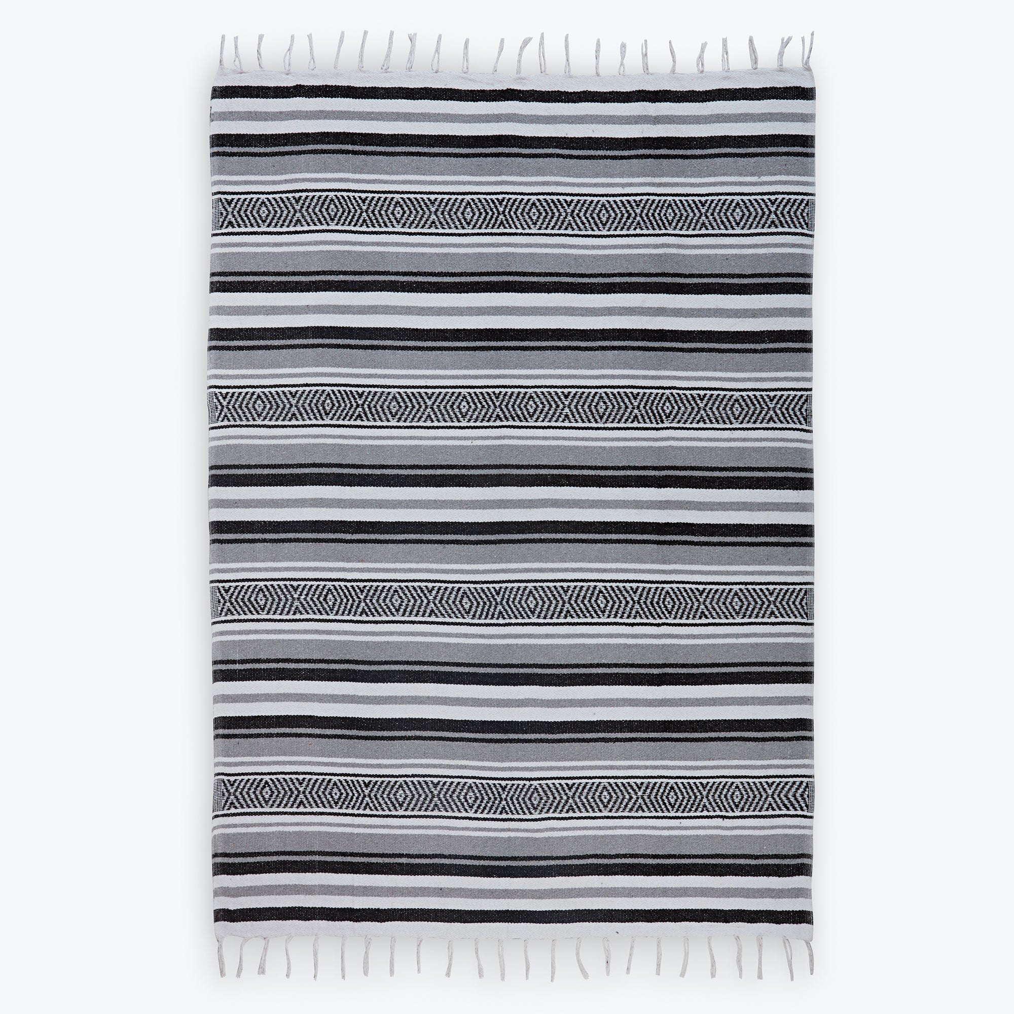 Traditional Mexican Woven Blanket Grey Black flat