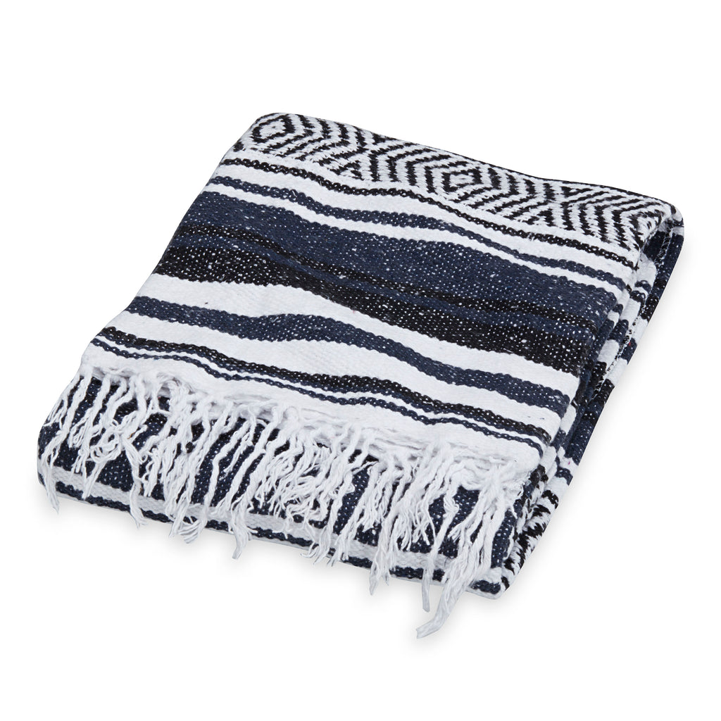 Traditional Mexican Woven Blanket Navy/Black folded